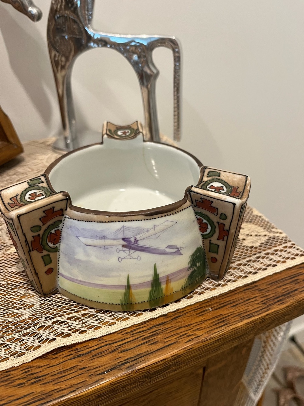 Nippon Morimura Bros hand painted Porcelain Pipe Bowl with Biplane Scene.